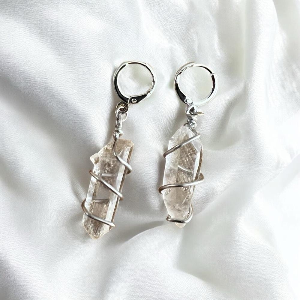 silver wire wrapped quartz huggie hoop earrings